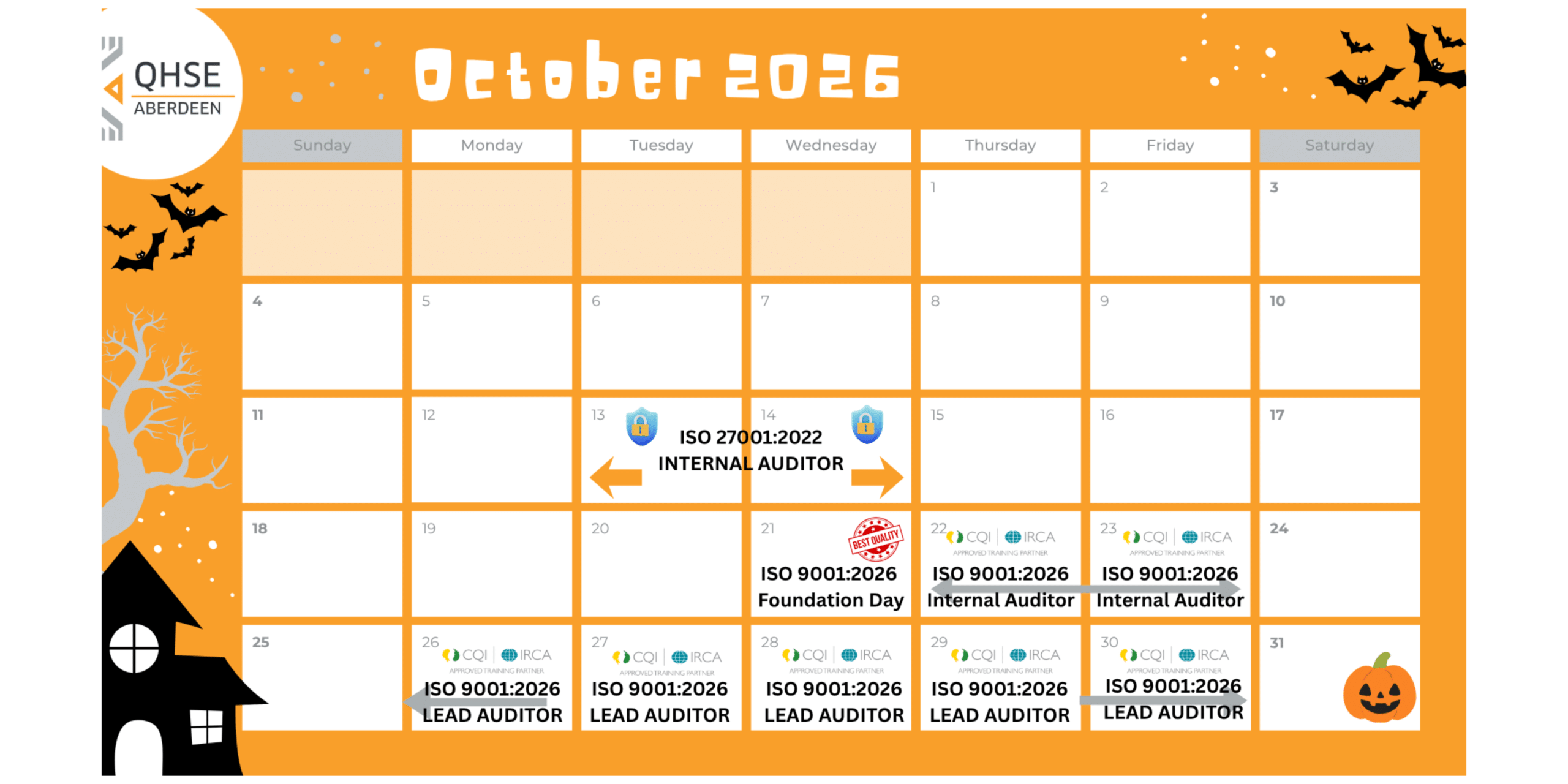 QHSE Aberdeen Q4 2026 ISO training calendar showing October, November and December courses