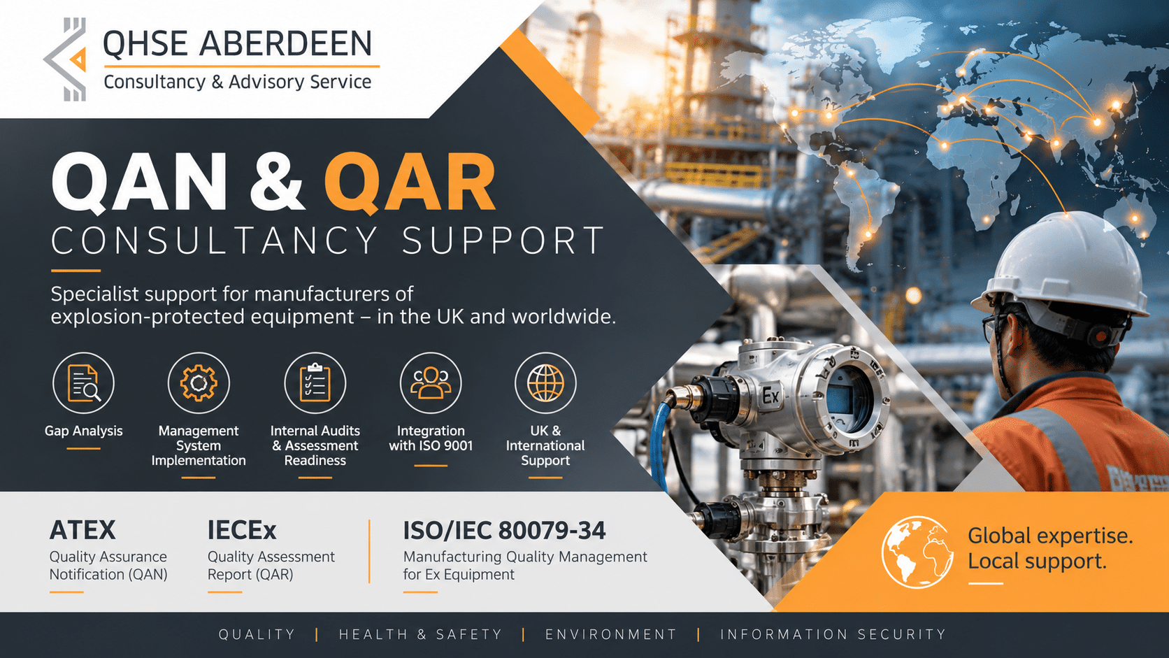 QAN QAR consultancy and ISO 80079-34 ATEX IECEx manufacturing quality assurance support from QHSE Aberdeen